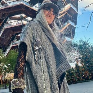 Oversize Gray Cable Knit Vest with Chain Details